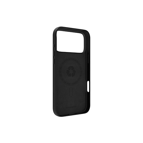 Schwarze Handyhülle mit "MADE WITH RECYCLED MATERIALS" und Recycling-Symbol. Marke: "dbrand1928".