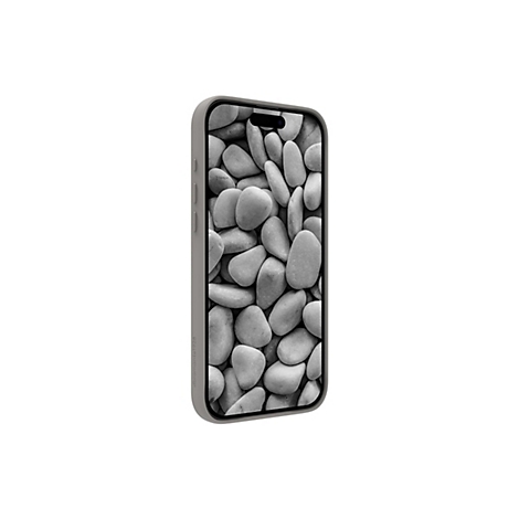 Graues Smartphone mit Steinen auf dem Bildschirm, vor weißem Hintergrund.