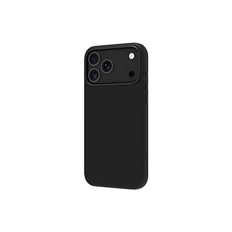 Schwarze Smartphone-Hülle. Drei Kameralinsen oben links, eine einzelne darunter rechts. Abgerundete Kanten.