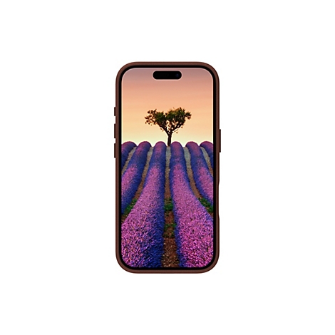 Smartphone, Anzeige eines Lavendelfeldes mit Baum, braunes Case. 