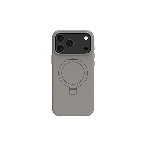 Graue Handyhülle für ein Smartphone, Detailansicht. Auf der Rückseite sind drei Kameraobjektive und ein Magnetring zu sehen.