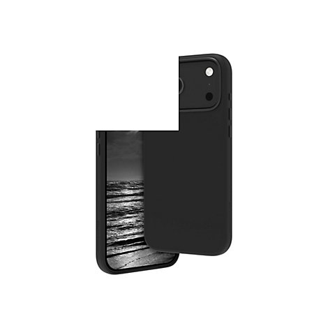 Ein schwarzes Smartphone mit Hülle, das Display zeigt einen Strand in Schwarzweiß. Auf der Rückseite des Handys sind Kameraobjektive zu sehen.