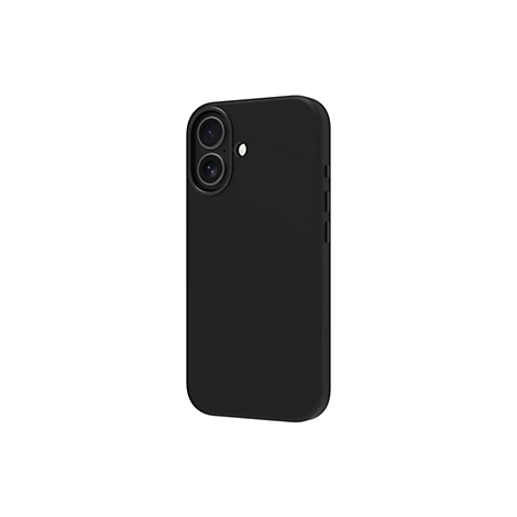 Schwarze Smartphone-Hülle mit zwei Kameraobjektiven und Knöpfen an der Seite. Hintergrund weiß.