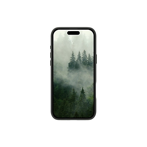 Ein Smartphone zeigt eine neblige Waldlandschaft. Das Telefon ist schwarz und vor weißem Hintergrund platziert.