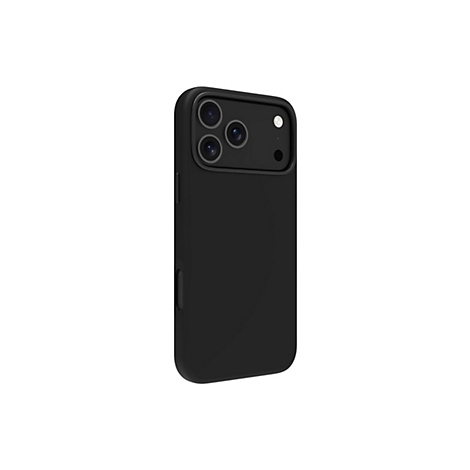 Ein schwarzes iPhone-Case vor weißem Hintergrund. Die Rückseite mit drei Kameralinsen und einem Blitz.