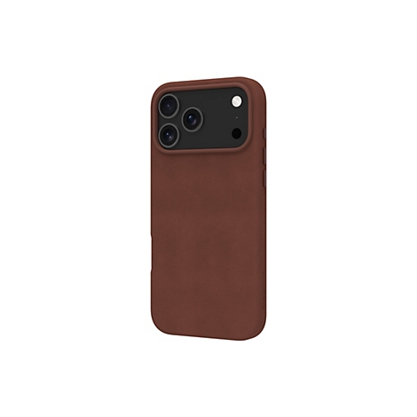 Ein braunes Smartphone-Case, auf weißem Hintergrund, mit drei Kameraobjektiven und einer Aussparung.