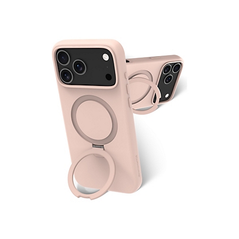 Hellrosa Smartphone-Hülle mit aufgestelltem Ring und Kameras. Ein zweites, leicht versetztes Telefon, ergänzt das Bild.