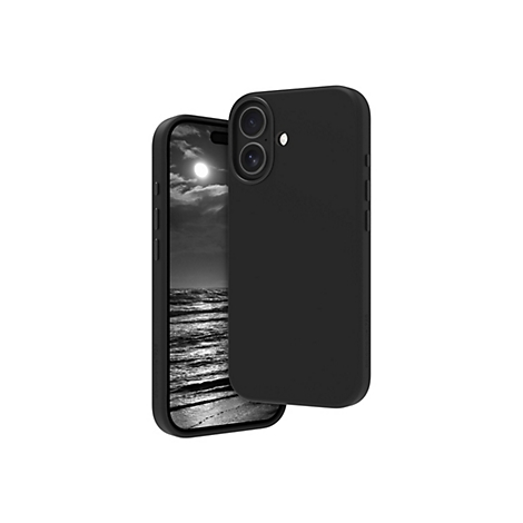 Ein schwarzes Smartphone mit einer schwarzen Hülle. Auf dem Bildschirm ist eine Schwarz-Weiß-Ansicht des Meeres mit dem Mond zu sehen.