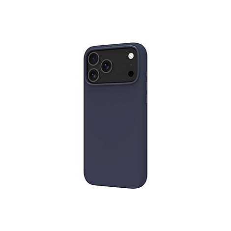 Dunkelblaue Handyhülle für ein Smartphone, drei Kameraobjektive und ein Blitz sind sichtbar.