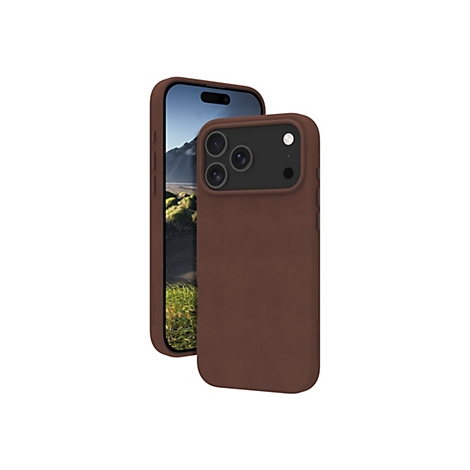 Ein braunes Handycase, das ein iPhone umschließt. Im Hintergrund ist der Bildschirm mit einer Landschaft zu sehen.