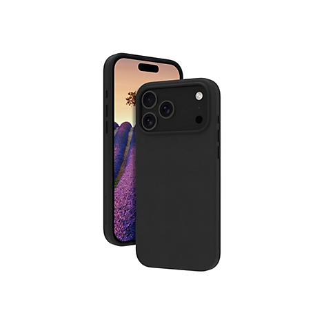 Ein schwarzes iPhone mit schwarzer Hülle, Hintergrund mit Lavendelfeld.