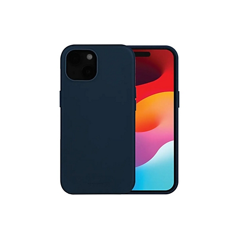 Ein dunkelblaues Smartphone mit Hülle, das Display zeigt bunte, abstrakte Formen. Die Hülle umrahmt das Telefon.