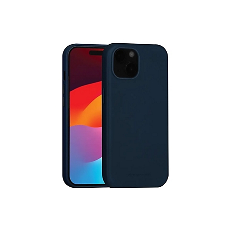 Dunkelblaue Handyhülle und iPhone auf weißem Hintergrund.