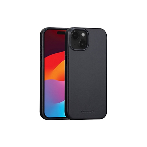 Ein schwarzes iPhone und eine dazu passende Handyhülle. Die Hülle hat die Aufschrift "dromonte1926".