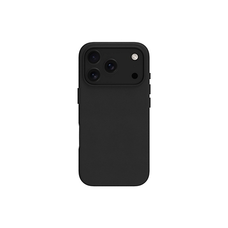 Schwarze Smartphone-Hülle, Rückansicht. Oben befinden sich drei Kameralinsen und ein Blitzlicht. Weißer Hintergrund.