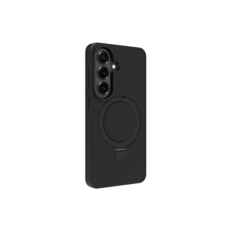 Coque de téléphone noire avec découpe pour appareil photo et support rond faisant office de béquille.