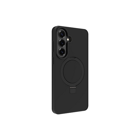 Coque de téléphone noire avec découpe pour appareil photo et support. Sur fond blanc.