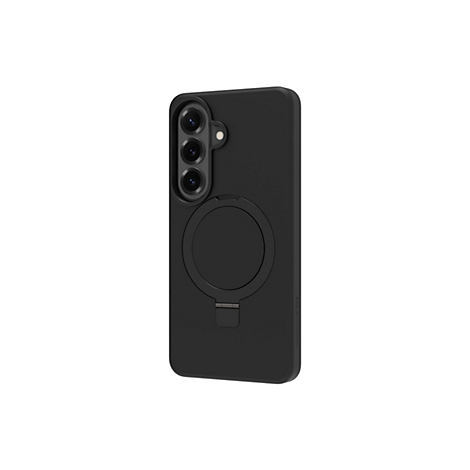 Coque de téléphone noire avec découpe caméra et support. Une bague est intégrée à l'arrière.