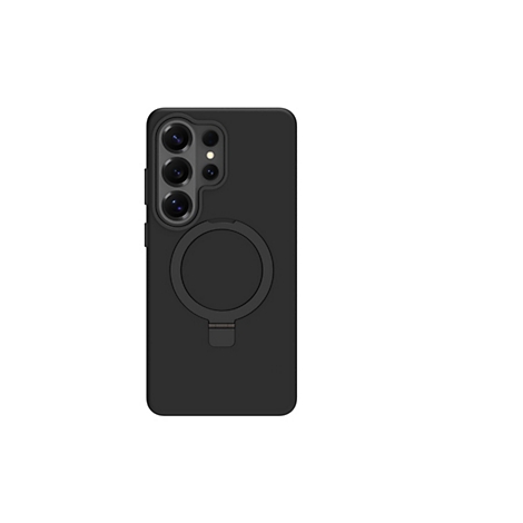 Coque de téléphone noire avec anneau de maintien et découpe pour l'appareil photo sur fond blanc.