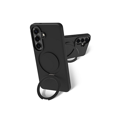 Coque de smartphone noire avec triple caméra, support à anneau ; le support est déplié. Fond blanc.