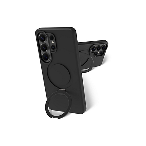 Deux coques de téléphone noires avec anneaux de maintien sur fond blanc. Une coque a l'anneau déplié.