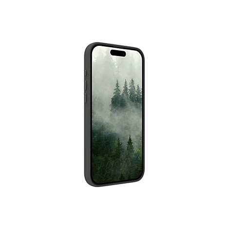 Ein graues Smartphone, das eine Landschaft mit Bäumen und Nebel zeigt. Die Hülle des Telefons ist dunkelgrau.