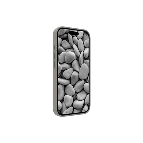 Graues Smartphone mit Steinmuster als Hintergrund, vor weißem Hintergrund. Die Oberflächen sind abgerundet.