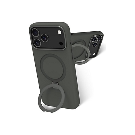 Zwei graue Smartphone-Hüllen, eine mit aufgestelltem Ringhalter. Beide zeigen die Kamera-Ausschnitte auf der Rückseite.