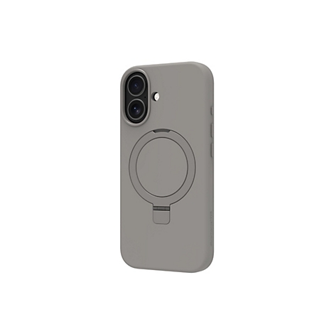 Graue Smartphone-Hülle mit Kameraausschnitt und Ständer vor weißem Hintergrund. Auf der Seite steht "dbramante1928".