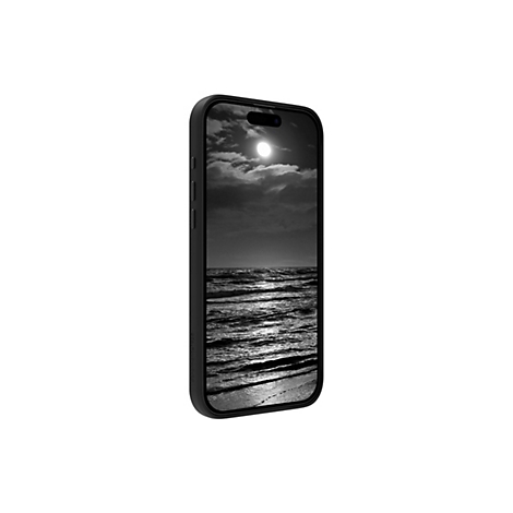 Smartphone montrant la lune au-dessus de la mer. Le smartphone noir est affiché sur un fond blanc.