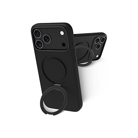 Deux coques de téléphone noires avec des supports en forme d'anneau, sur fond blanc. Une coque est debout, l'autre est couchée.