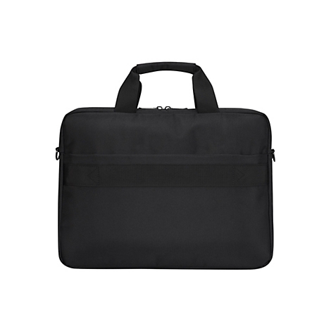 Schwarze Laptoptasche, rechteckig, mit Tragegriffen und einem Schultergurt. Auf der Vorderseite befindet sich ein breiter Stoffstreifen.