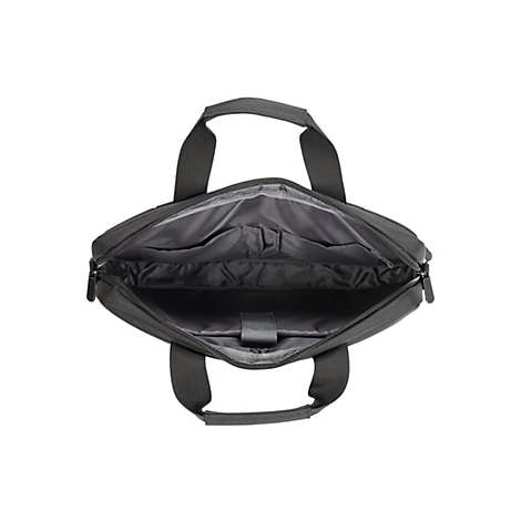 Dunkelgraue Laptoptasche, offen, mit Griffen oben. Innen mehrere Fächer, Reißverschluss.