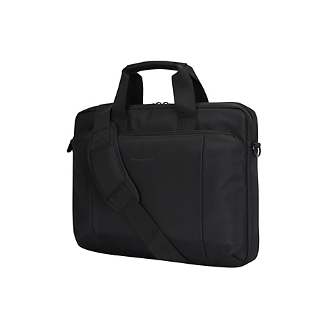 Schwarze Laptoptasche mit Tragegriff und Schultergurt auf weißem Hintergrund.