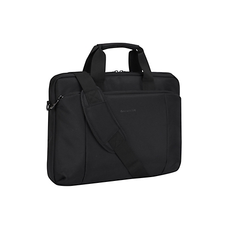 Schwarze Laptoptasche mit Griff und Schulterriemen, vor weißem Hintergrund.