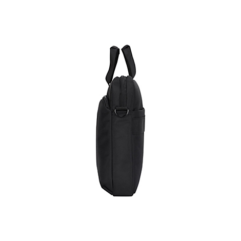 Schwarze Aktentasche im Profil, Tragegriffe oben. Reißverschluss, seitliche Tasche, D-Ring-Befestigung.
