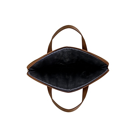 Geöffnete braune Laptoptasche mit zwei Henkeln, Innenfutter schwarz.