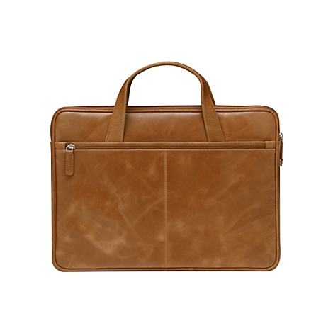 Braune Ledertasche mit Tragegriff, Reißverschluss und zusätzlichem Frontfach. Hintergrund ist weiß.