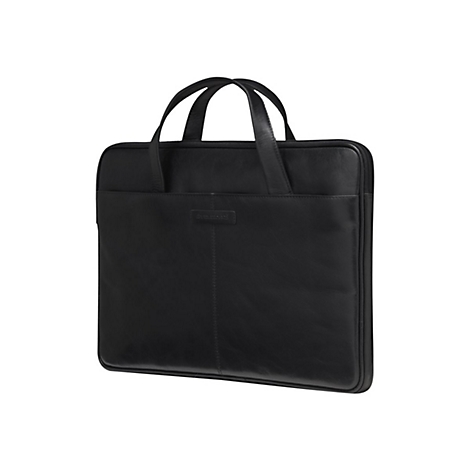 Schwarze Ledertasche mit Griffen und Reißverschluss. Kleines Label mit Schriftzug.