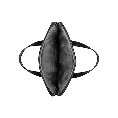 Schwarze Laptoptasche, von oben geöffnet. Zwei Tragegriffe und ein Reißverschluss sind zu sehen.