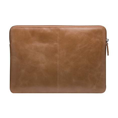 Hellbraune Laptoptasche aus Leder, mit Reißverschluss und hellem Innenfutter.