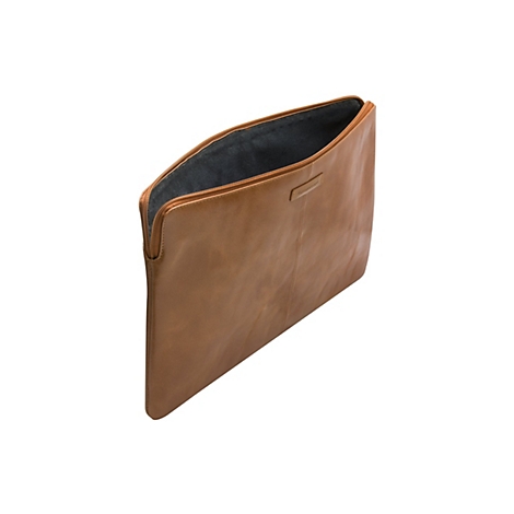 Hellbraune, offene Laptoptasche aus Leder, mit Reißverschluss und schwarzem Innenfutter.