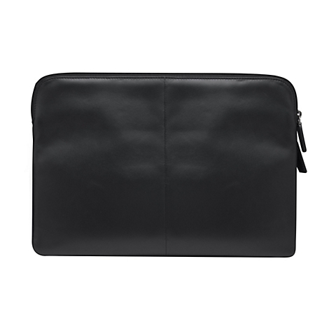 Schwarze Laptoptasche mit Reißverschluss und Lederoptik, vor weißem Hintergrund.