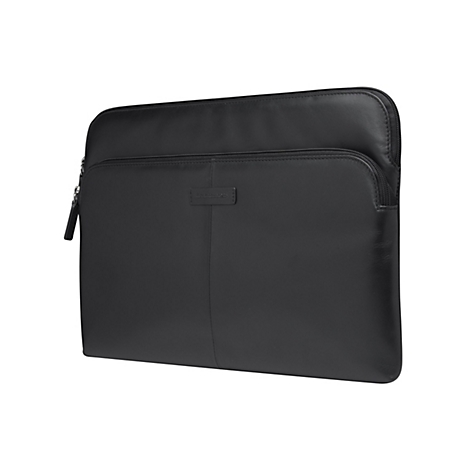 Schwarze Laptoptasche aus Leder. Auf der Vorderseite ein kleineres Reißverschlussfach mit Label. Reißverschluss an der Oberseite.
