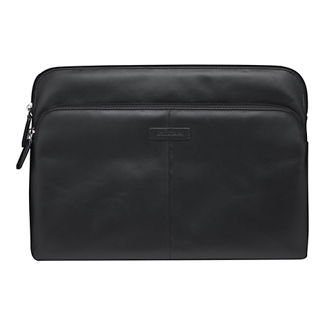 Schwarze, rechteckige Laptoptasche aus Leder. Auf der Oberfläche befindet sich der Schriftzug dbramante1928.