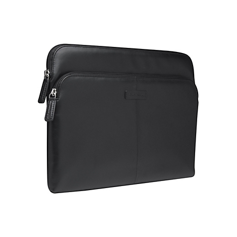 Schwarze Laptoptasche aus Leder, mit Reißverschlüssen und Prägung.