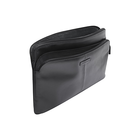 Schwarze, offene Laptoptasche mit Reißverschluss und kleinem Logo.