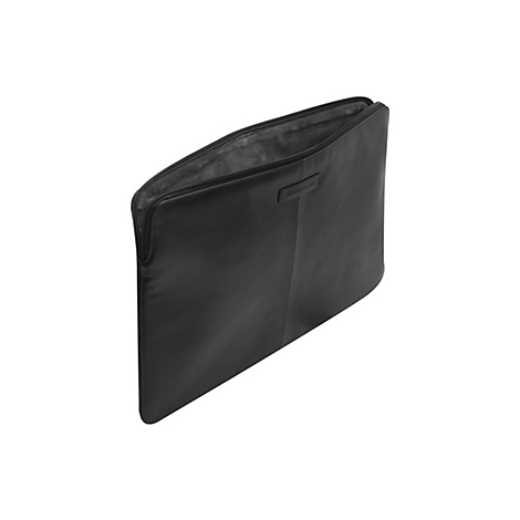 Schwarze Laptoptasche aus Leder, Reißverschluss geöffnet, Innenfutter. Auf der Tasche steht der Markenname.