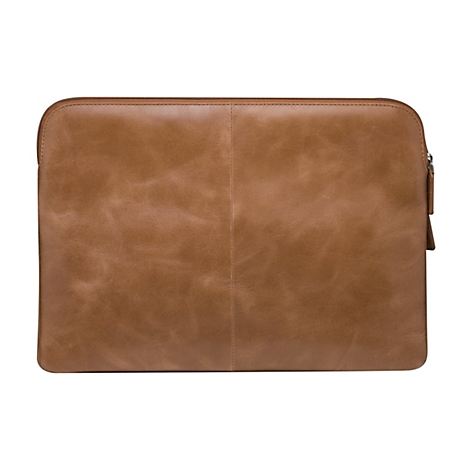 Hellbraune, rechteckige Laptoptasche aus Leder, mit Reißverschluss.