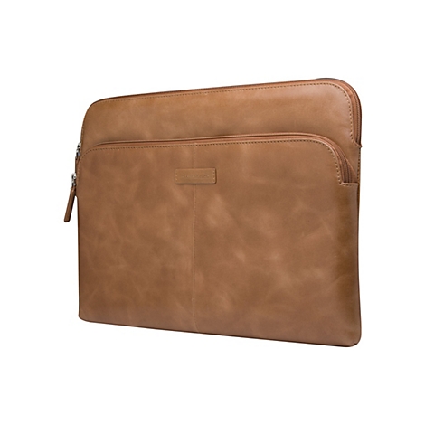 Braune Leder-Laptoptasche mit Reißverschluss, Markenlogo. Das Produkt ist auf weißem Hintergrund abgebildet.